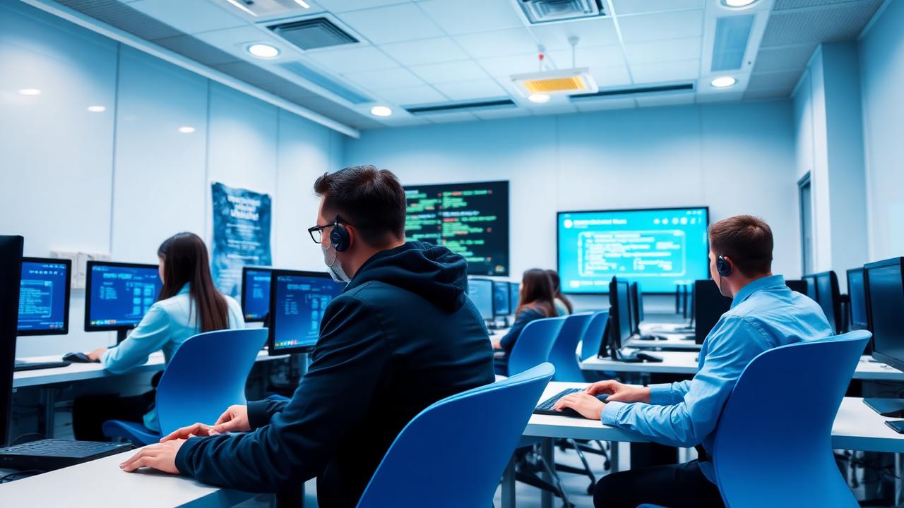 Students learning cyber security in a lab setting