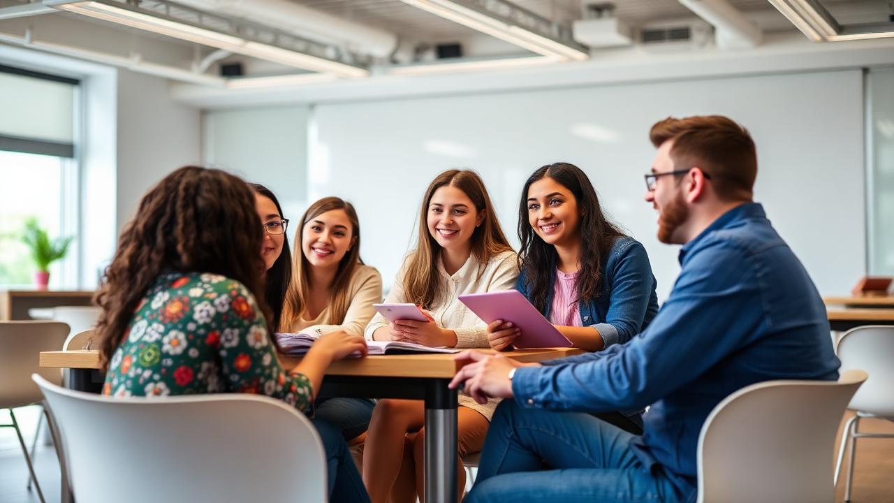 Group of students learning English in a classroom setting
