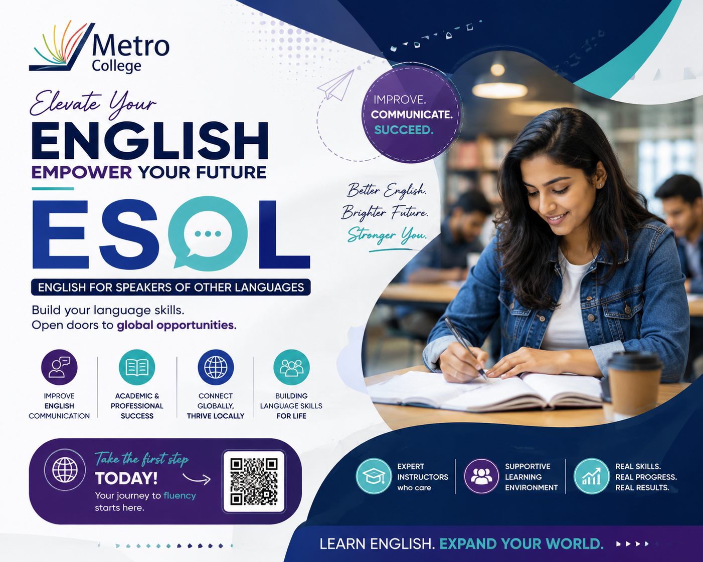 Group of students learning English in a classroom setting